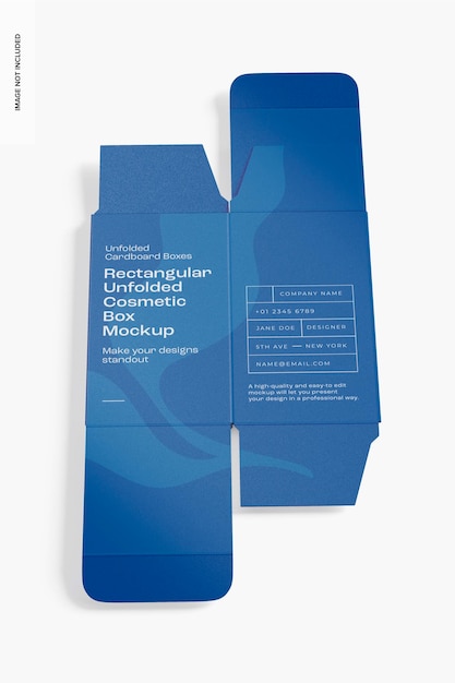 PSD rectangular unfolded cosmetic box mockup, high angle view