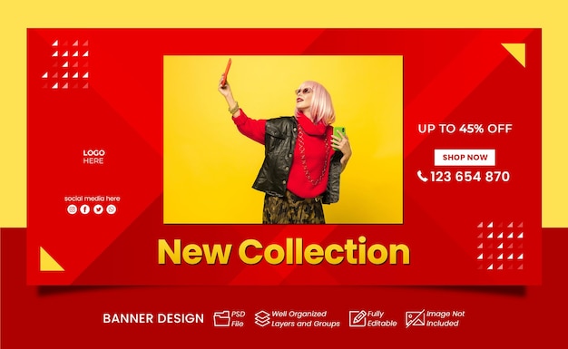 PSD a red banner with a woman holding a phone and a red banner that says new collection