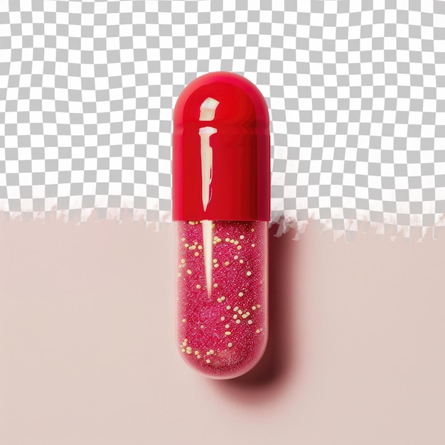 a red bottle of nail polish with a pink glitter on it