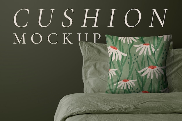 PSD retro floral cushion mockup psd on bed