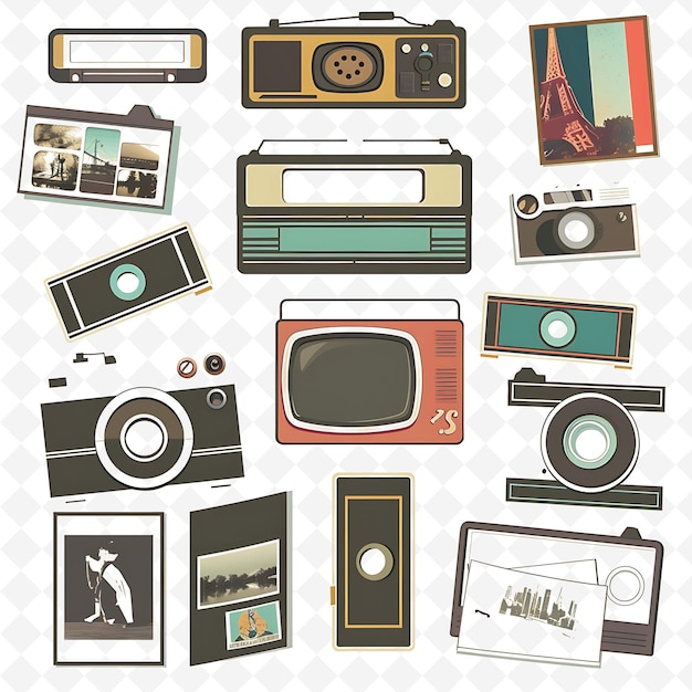 PSD retro tape festooned with vintage postcards and polaroids in png natural inspired flat borderline