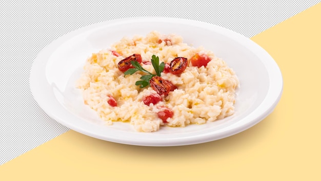 PSD rice risotto dish with roasted cherry tomatoes and parsley leaves