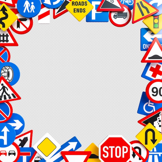 PSD road signs frame forming white empty background