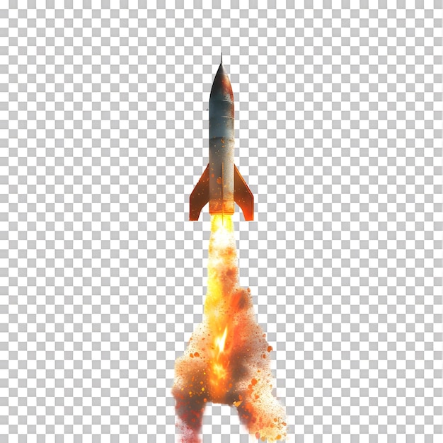 A rocket with a flame effect on the bottom against white background