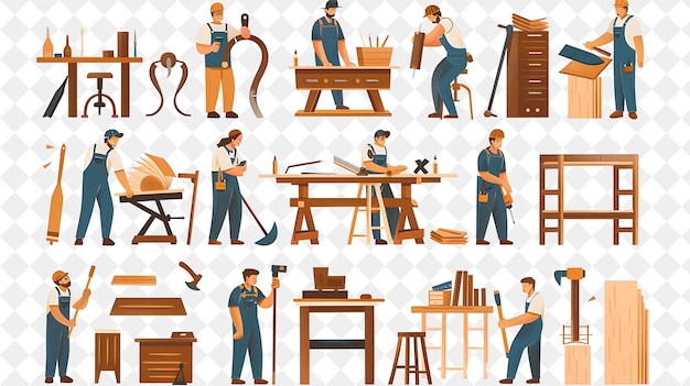 Rustic Carpenter With Characters Building and Crafting Furni PNG People in Daily Work Illustration