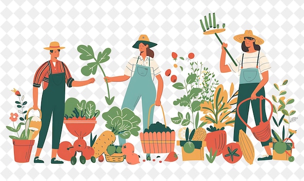 PSD rustic farmer with characters planting seeds and harvesting png people in daily work illustration