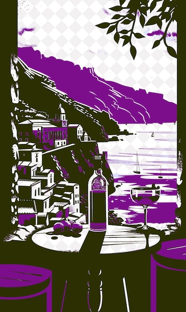 PSD scena destylarni limoncello na wybrzeżu amalfi z afogato co italy culture illustration design