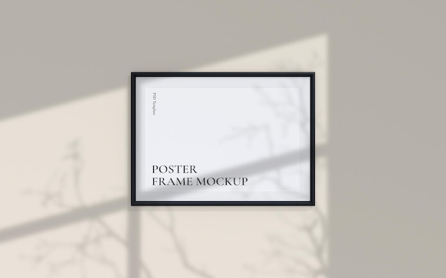 Schoon en minimalistisch vooraanzicht landschap zwarte foto of poster frame mockup hangend aan de muur met schaduw overlay 3D-rendering