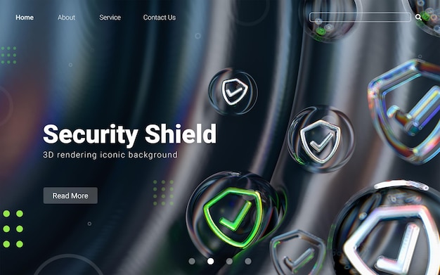 PSD security shield check icon inside bubble geometric shapes on abstract dark background 3d render