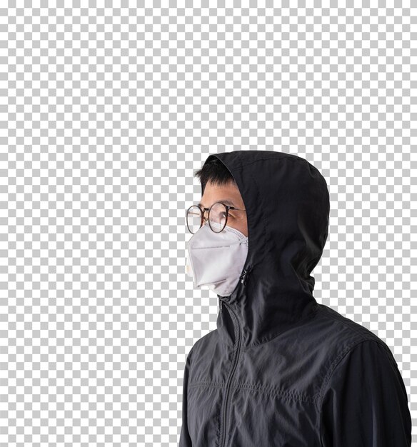 PSD senior asian man with face mask and black jacket isolated