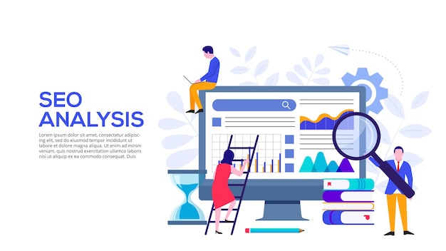 Seo analysis concept with monitor hourglass and characters Flat illustration