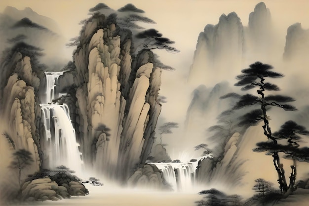 PSD serene chinese waterfall and pine landscape painting