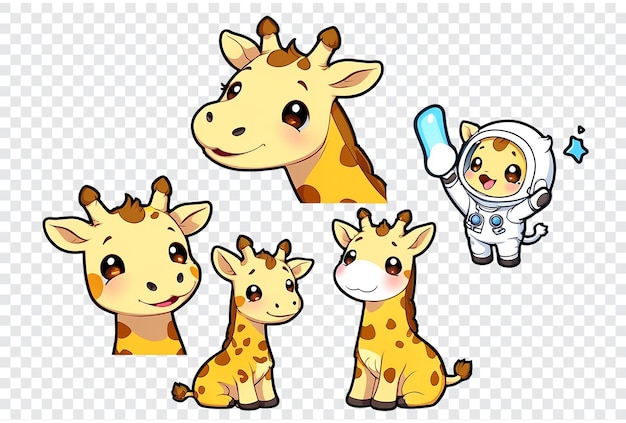 PSD a series of giraffes in various poses one of which is wearing a space suit