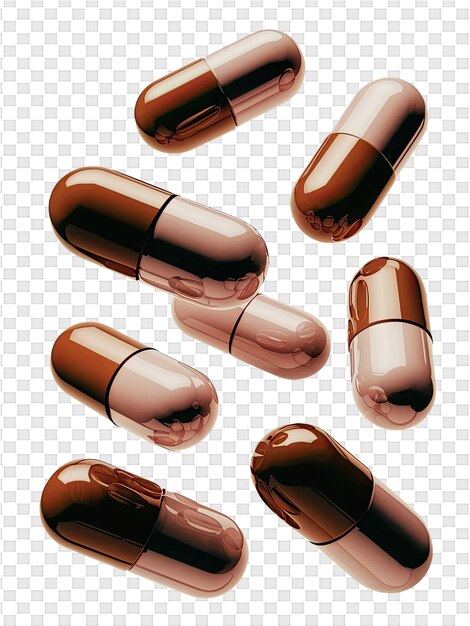 a set of brown pills with a white background