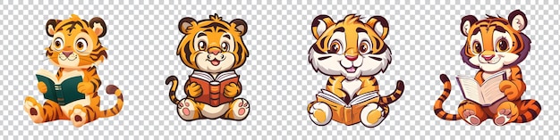 PSD a set of cartoon tiger reading a book isolated on transparent background