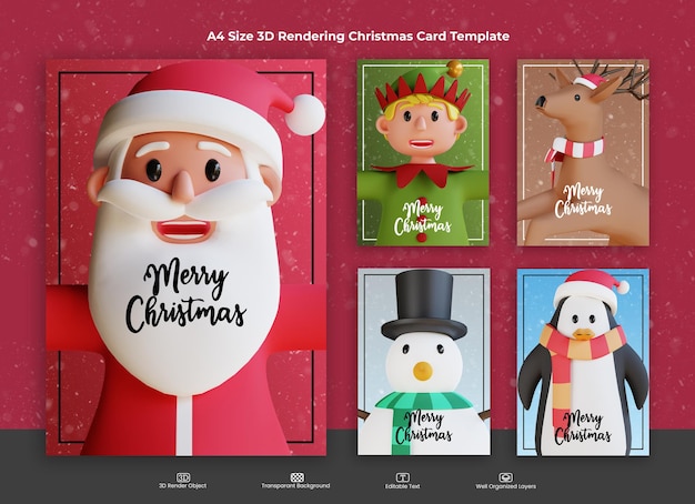 set collection 3d render illustration christmas character post card template