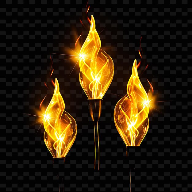 PSD a set of flaming torch with flames on a black background