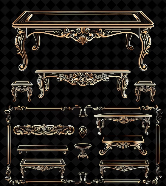 PSD a set of furniture with a gold design and a black background