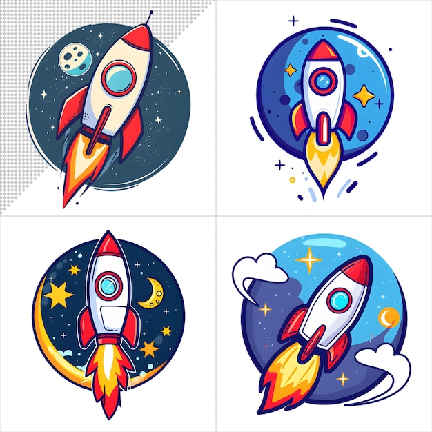 a set of images of a rocket with a blue star on the bottom