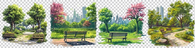 PSD set park with a bench and trees isolated on transparent background