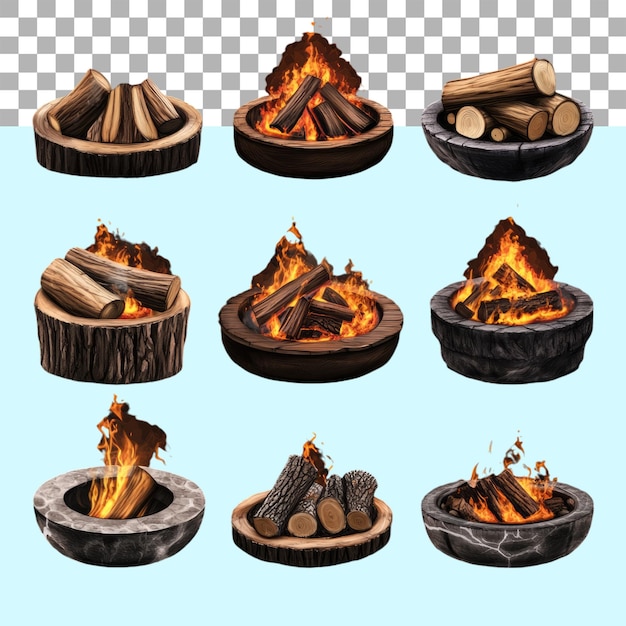 PSD set of various fire pits with burn on isolated transparent cutout png background