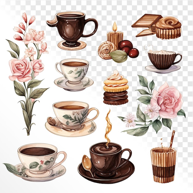 PSD set of watercolor vintage coffee tea snack gadget watercoloring isolated on white background