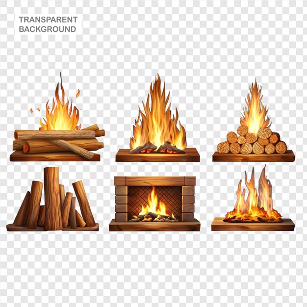 PSD a set of wooden fireplaces with flaming bonfires and travel collections