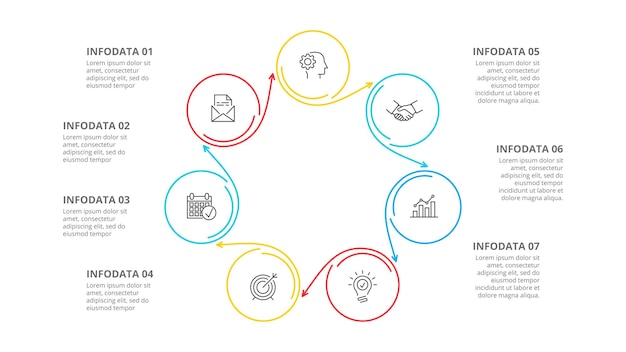 PSD seven circles with arrows for thin line infographic business presentation with 7 steps