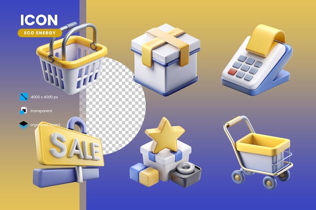 PSD shop icon blue and yellow color in plastic 3d style