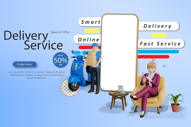 PSD shopping online and fast shipping by scooter on mobile ecommerce concept 3d rendering