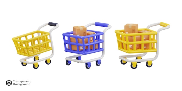 PSD shopping trolley with cardboard boxes icon set 3d rendering vector illustration