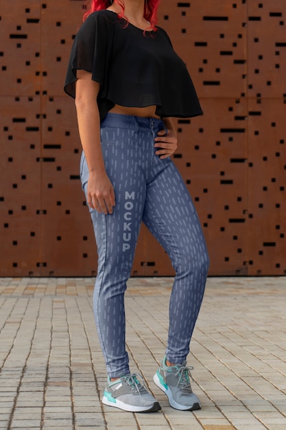 PSD side view woman wearing trendy pants