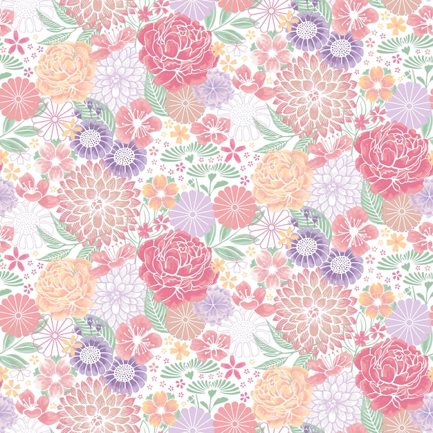 PSD simple flat flowers background design floral seamless vector pattern