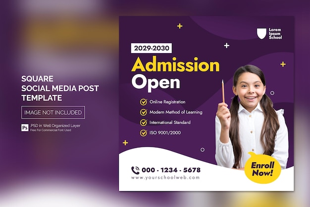 Simple School Admission Education Square Social Media Post Web banner Template