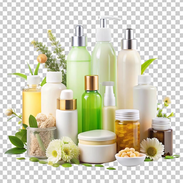 PSD skincare products arranged on transparent background