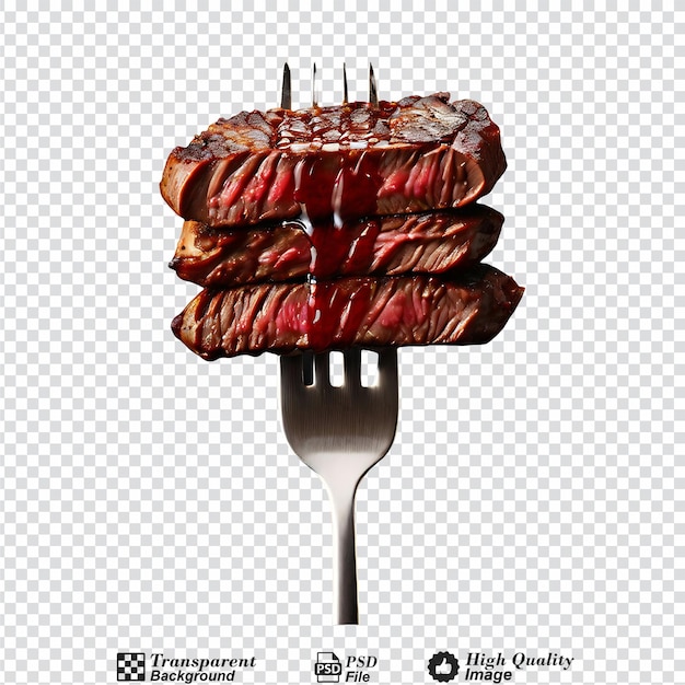 slices of beef steak on a fork isolated on transparent background