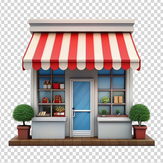 PSD a small building with a red door and a red and white striped awning on transparent background