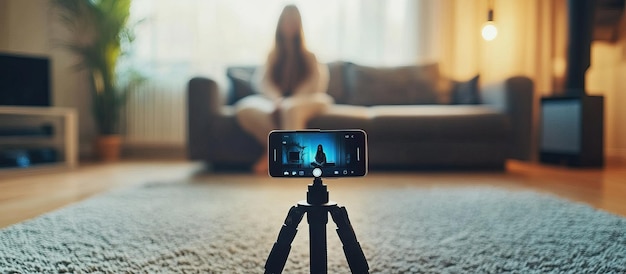 PSD smartphone on a tripod recording a woman sitting on a couch