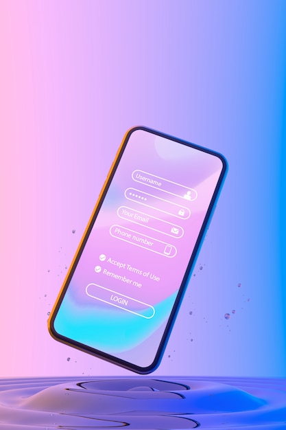 Smartphone with login page and colorful liquid background 