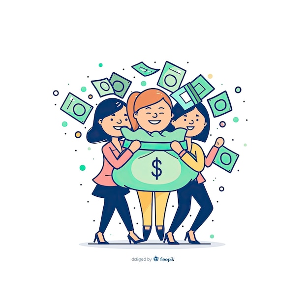 PSD smiley businesswomen carry a full money cartoon illustration