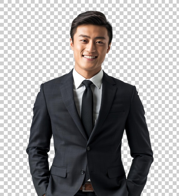 Smiling man in a dark suit with hands in pockets isolated on transparent background