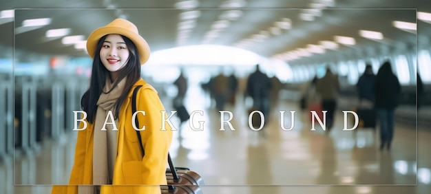 PSD smiling woman in yellow at the airport