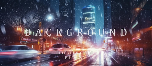 PSD snow falling night city background