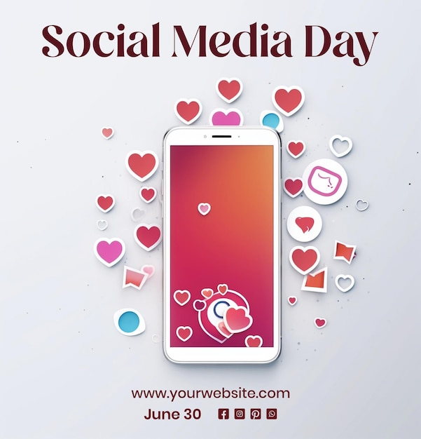 PSD social media day concept smartphone with love icons and emoji on white background