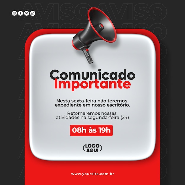 social media important announcement with megaphone icon 3d render in brazilian portuguese