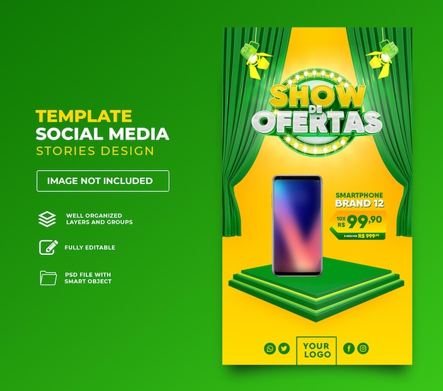 Social media post offers show in Portuguese 3d render for Brazil marketing campaign