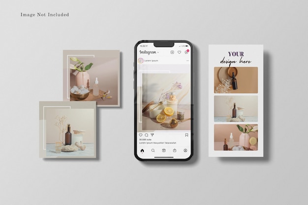 PSD social media posts mockup and smartphone screen isolated 3d render