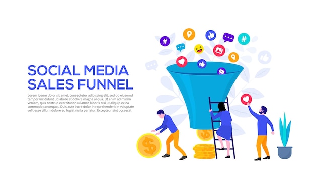 Social media sales funnel concept with characters. The landing page template for web and mobile.