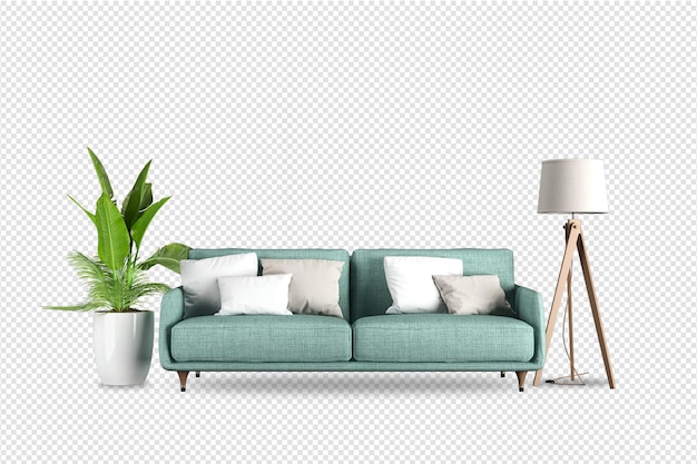 PSD sofa met plant in 3d weergegeven