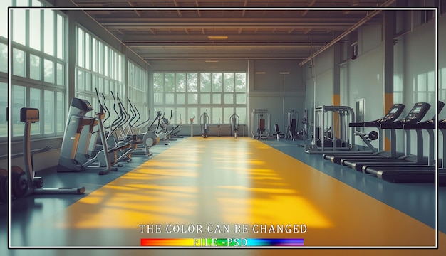 PSD spacious empty gym interior with cardio machines large windows and sunlight streaming through